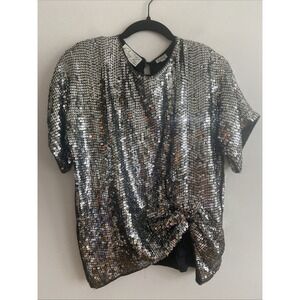 Vintage‎ 100% Silk Silver Disco Sequin Shirt Rina Z. Women's Size Large